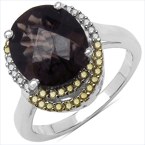 4.12 Carat Genuine Smoky Quartz and 0.28 ct.t.w Genuine Diamond Accents Sterling Silver Ring Bids.com