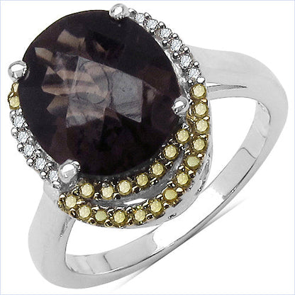4.12 Carat Genuine Smoky Quartz and 0.28 ct.t.w Genuine Diamond Accents Sterling Silver Ring Bids.com