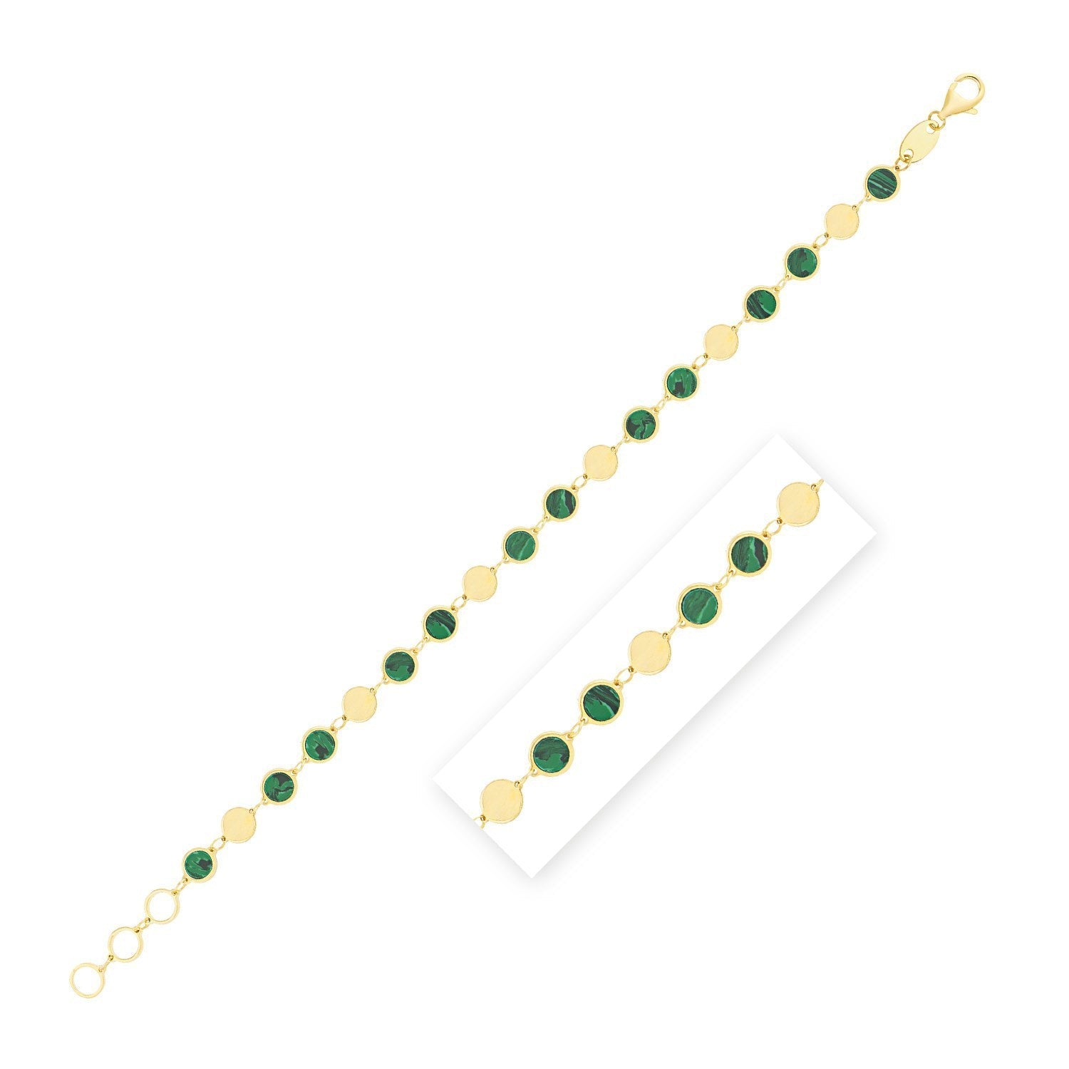 14k Yellow Gold Malachite Geometric Mirror Gem Chain Bracelet (5.00 mm) Bids.com