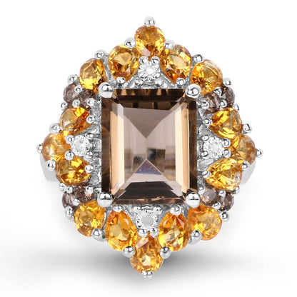 6.72 Carat Genuine Smoky Quartz, Citrine and White Diamond .925 Sterling Silver Ring Bids.com