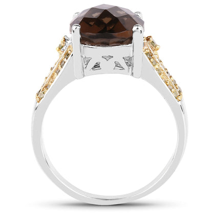 4.87 Carat Genuine Smoky Quartz and Yellow Diamond .925 Sterling Silver Ring Bids.com
