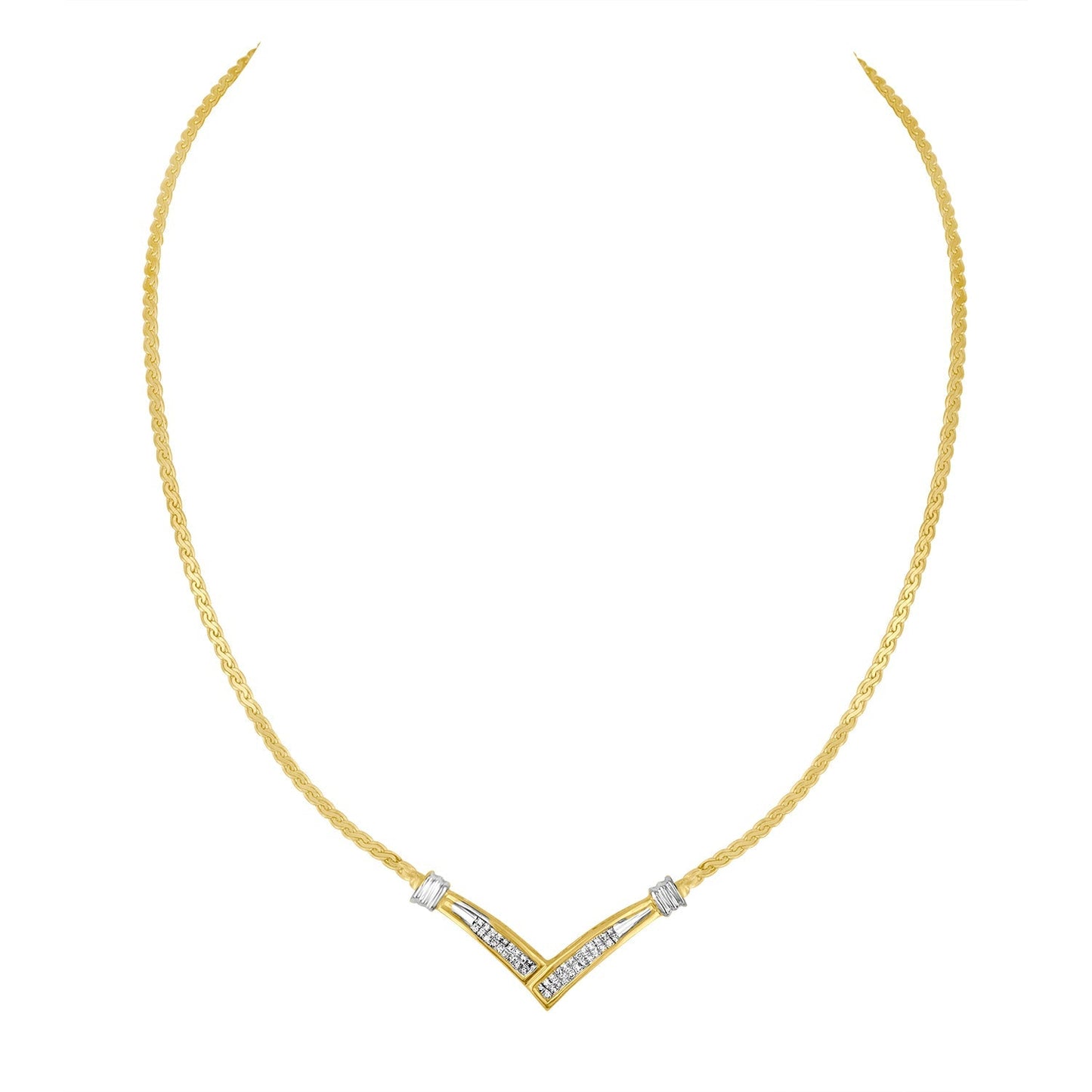 10K Yellow and White Gold 1/2 Cttw Princess Cut Diamond Channel-Set â€œVâ€ Shape 18" Franco Chain Necklace (H-I Color, SI2-I1 Clarity) Bids.com