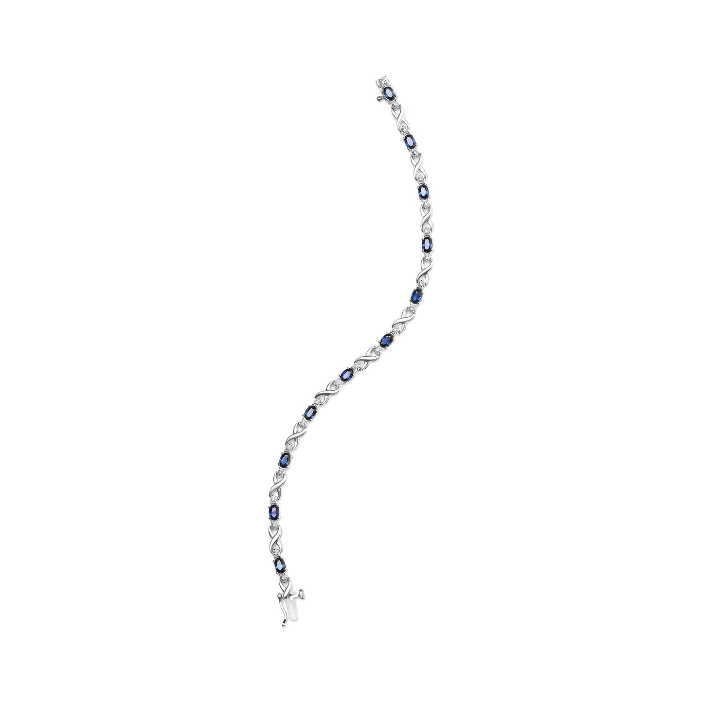 10K White Gold 5x4mm Oval Sapphire Gemstone and 1/10 Cttw Diamond Prong Set "X" Link Bracelet - Size 7" (H-I Color, SI1-SI2 Clarity) Bids.com