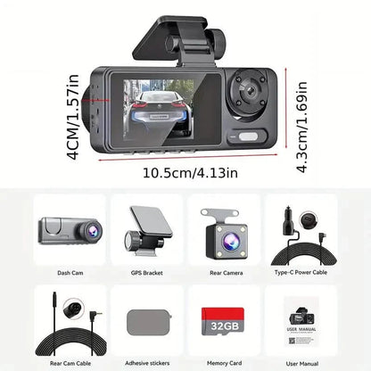 1080P Triple Dash Cam Front, Inside and Rear with 32GB Card, Night Vision, HDR & More DailySale
