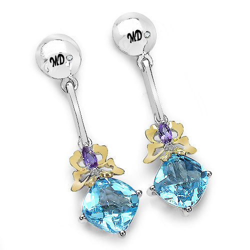 5.55 Carat Genuine Blue Topaz, Amethyst & White Diamond .925 Sterling Silver Earrings Bids.com