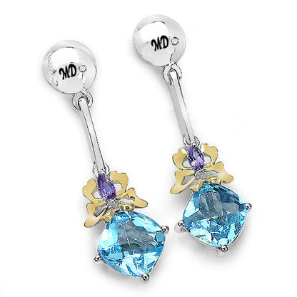 5.55 Carat Genuine Blue Topaz, Amethyst & White Diamond .925 Sterling Silver Earrings Bids.com