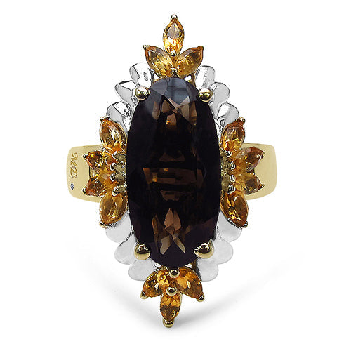 14K Yellow Gold Plated 7.07 Carat Genuine Smoky Quartz, Citrine & White Diamond .925 Sterling Silver Ring Bids.com