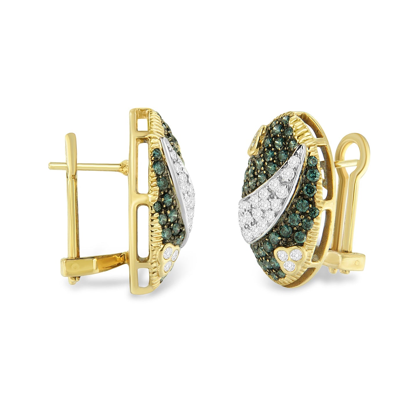 Black and White Rhodium over 14K Yellow Gold 2-1/10 Cttw White and Blue Diamond Oval Omega Back Stud Earrings (H-I and Blue Color, SI1-SI2 Clarity) Bids.com