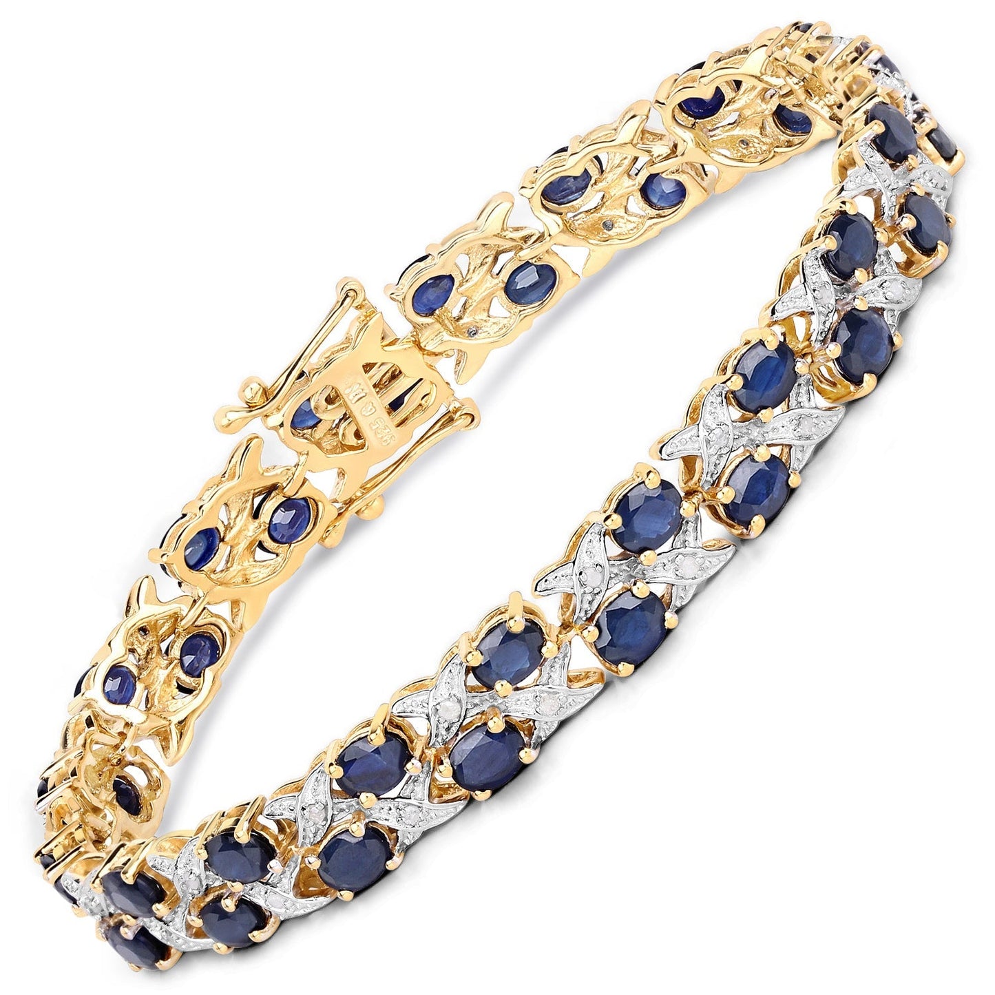 14K Yellow Gold Plated 12.53 Carat Genuine Blue Sapphire and White Diamond .925 Sterling Silver Bracelet Bids.com