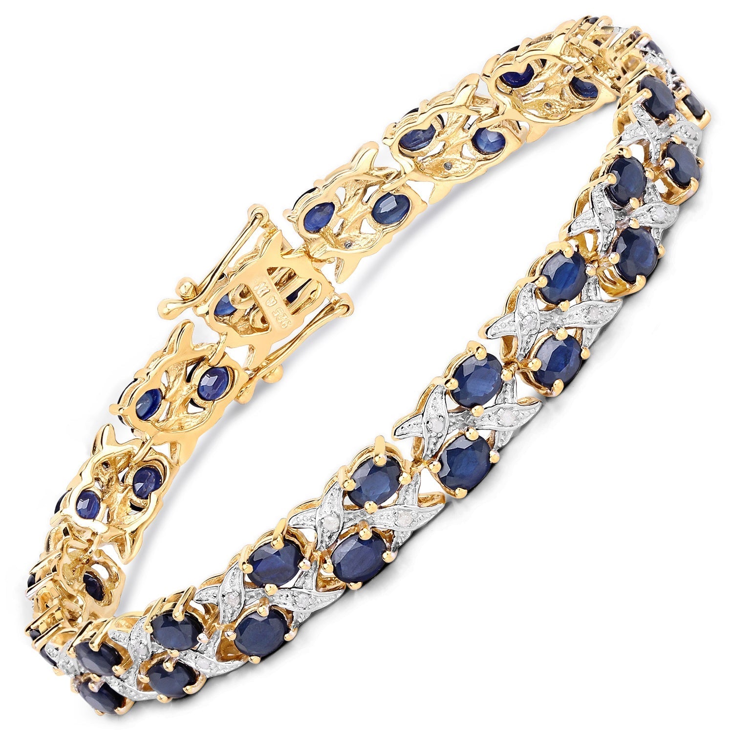 14K Yellow Gold Plated 12.53 Carat Genuine Blue Sapphire and White Diamond .925 Sterling Silver Bracelet Bids.com