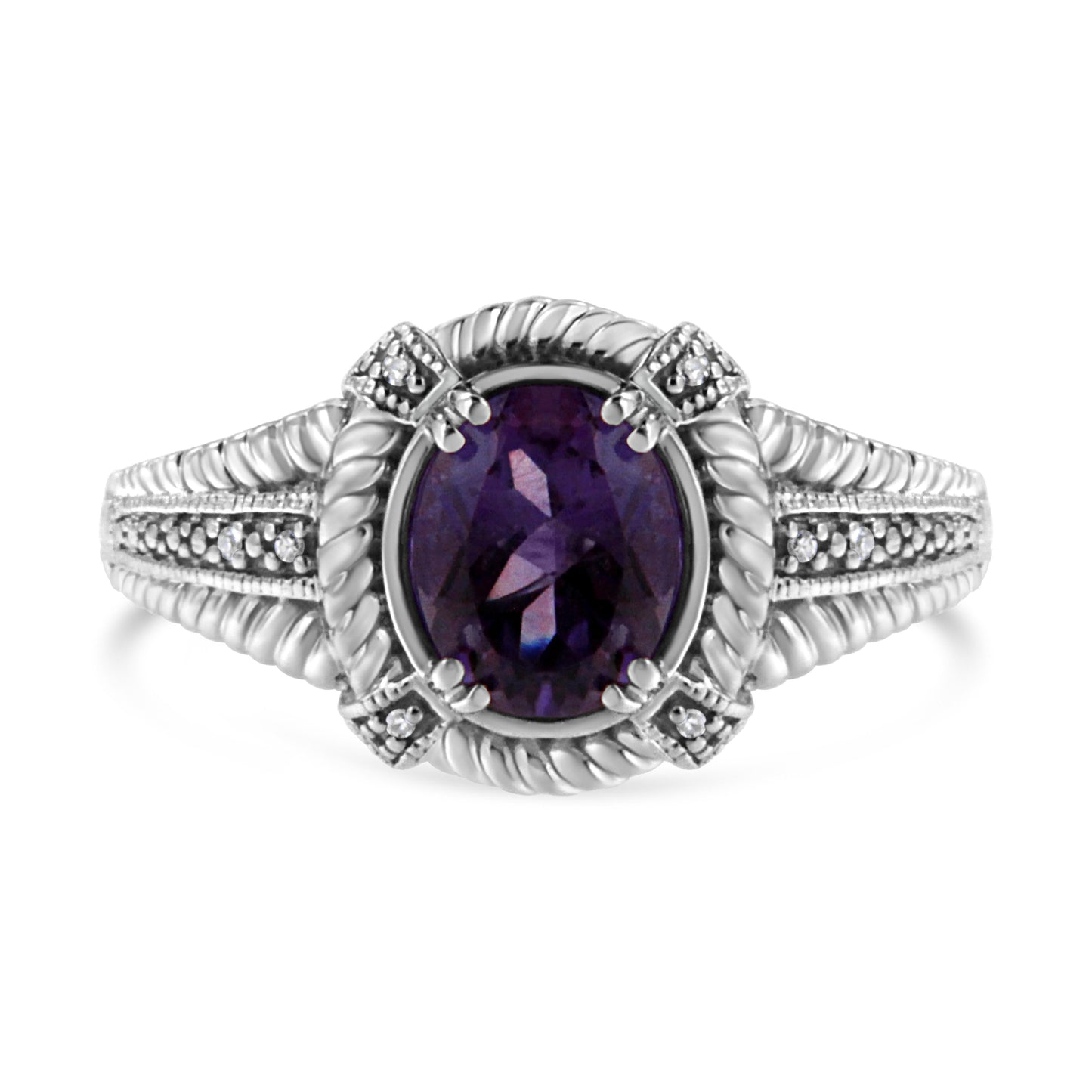 .925 Sterling Silver Prong Set Natural Oval Shape 9X7 MM Purple Amethyst Solitaire and Diamond Accent Ring (I-J Color, I1-I2 Clarity) - Ring Size 7 Bids.com