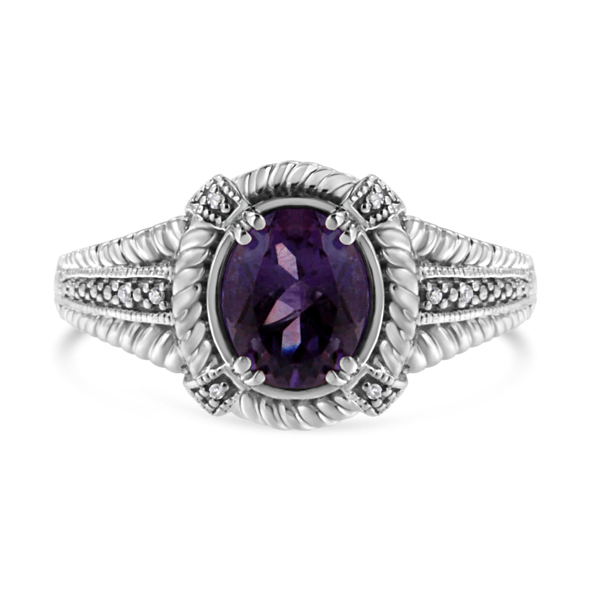.925 Sterling Silver Prong Set Natural Oval Shape 9X7 MM Purple Amethyst Solitaire and Diamond Accent Ring (I-J Color, I1-I2 Clarity) - Ring Size 7 Bids.com