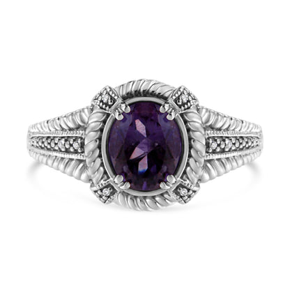 .925 Sterling Silver Prong Set Natural Oval Shape 9X7 MM Purple Amethyst Solitaire and Diamond Accent Ring (I-J Color, I1-I2 Clarity) - Ring Size 7 Bids.com