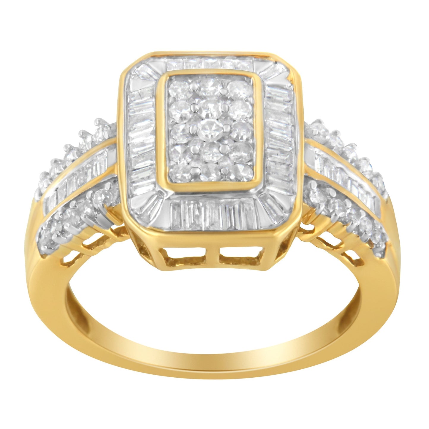 10K Yellow Gold Round and Baguette-Cut Diamond Cluster Ring (1.0 Cttw, I-J Color, SI1-SI2 Clarity) - Size 7 Bids.com