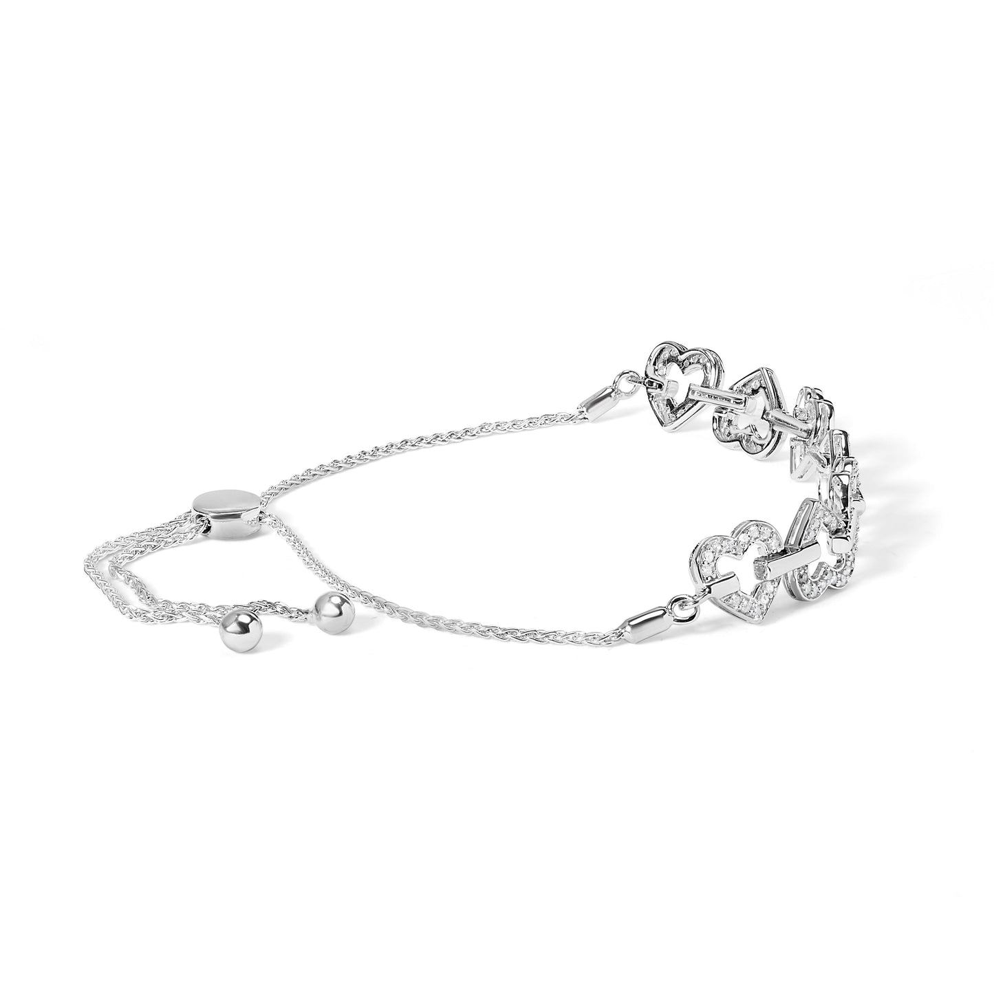 .925 Sterling Silver 1/2 Cttw Diamond Alternating Heart Link Adjustable Bolo Bracelet (I-J Color, I3 Clarity) - 4" to 10" Inches Bids.com