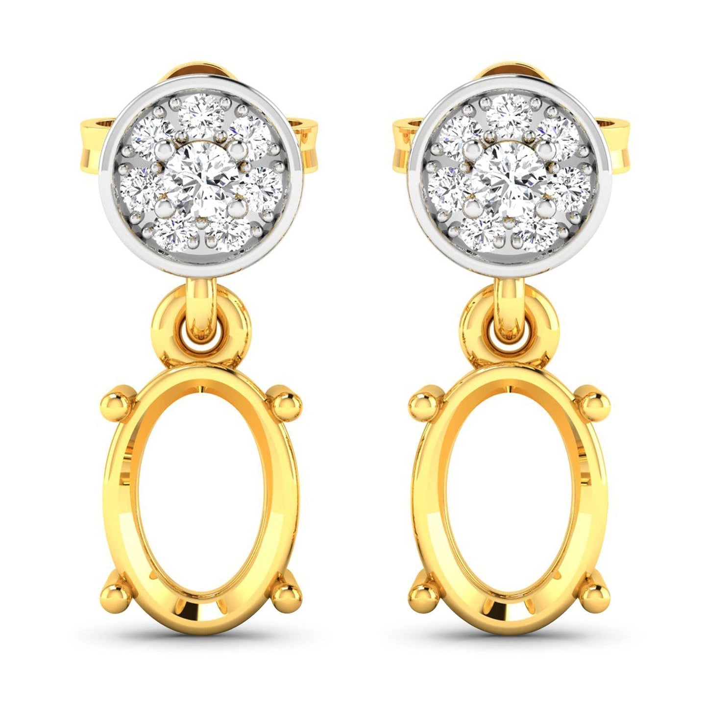 0.11 Carat Genuine White Diamond 14K Yellow Gold Semi Mount Earrings - holds 7x5mm Oval Gemstones Bids.com