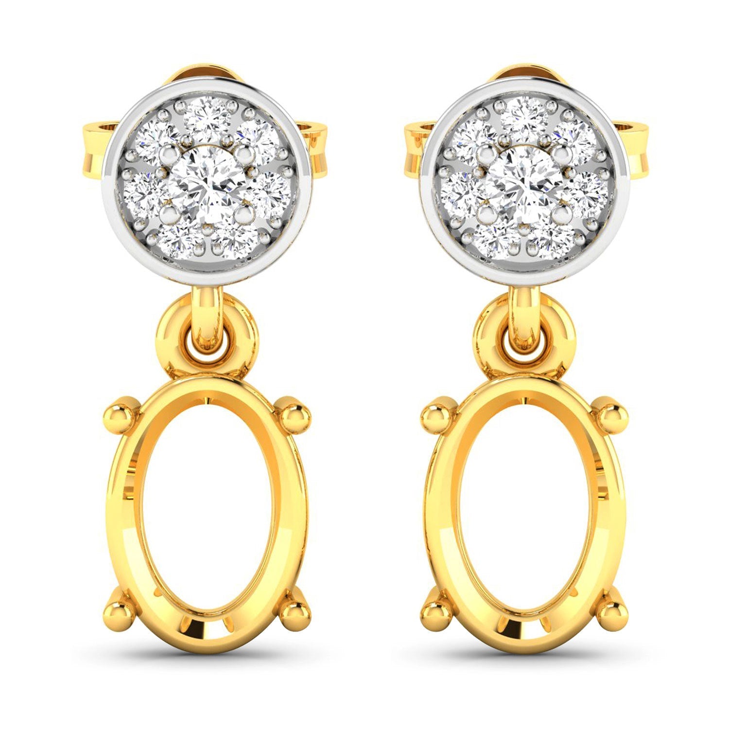 0.11 Carat Genuine White Diamond 14K Yellow Gold Semi Mount Earrings - holds 7x5mm Oval Gemstones Bids.com