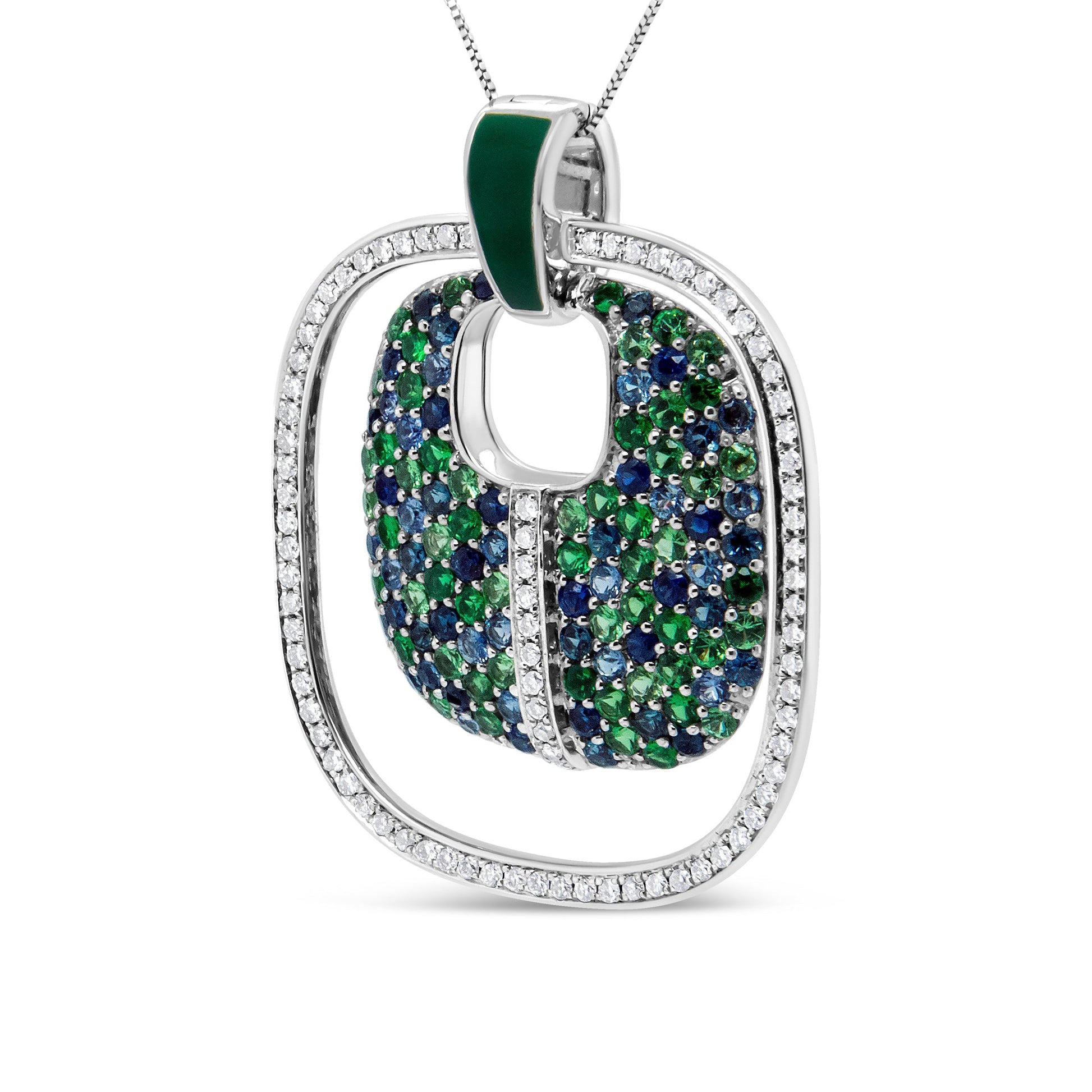 .925 Sterling Silver Green Enamel Pendant with 1/2 Cttw Diamond, Sapphire, and Tsavorite Openwork Statement 18" Pendant Necklace (F-G Color, VS1-VS2 Clarity) Bids.com