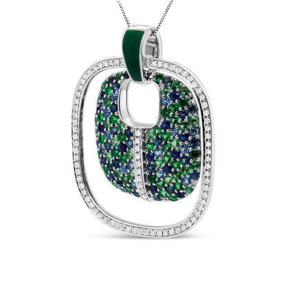 .925 Sterling Silver Green Enamel Pendant with 1/2 Cttw Diamond, Sapphire, and Tsavorite Openwork Statement 18" Pendant Necklace (F-G Color, VS1-VS2 Clarity) Bids.com
