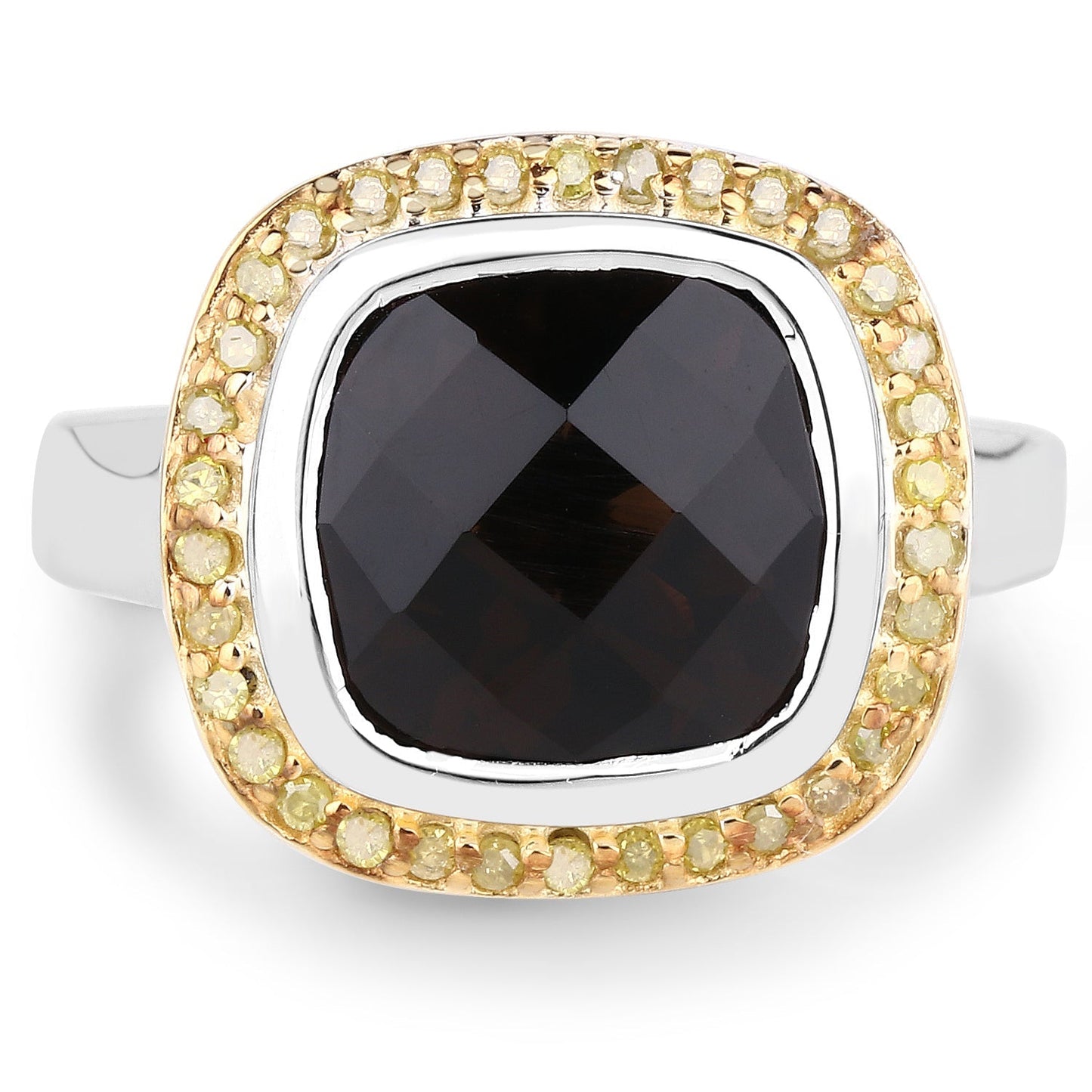 3.67 Carat Genuine Smoky Quartz and Yellow Diamond .925 Sterling Silver Ring Bids.com