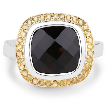 3.67 Carat Genuine Smoky Quartz and Yellow Diamond .925 Sterling Silver Ring Bids.com