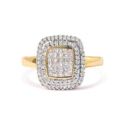 10K Yellow Gold 1/2 cttw Round and Princess Diamond Composite Head and Halo Ring (H-I Color, SI1-SI2 Clarity) - Ring Size 7 Bids.com