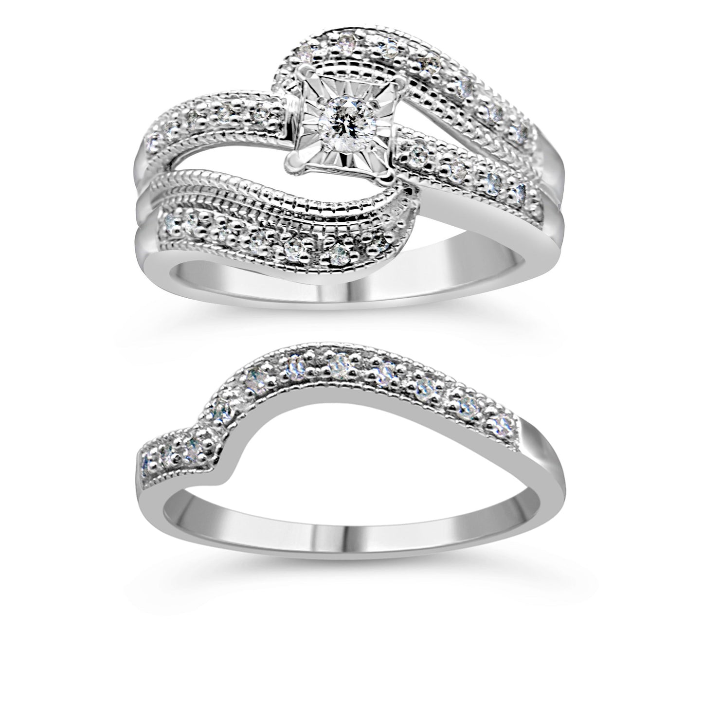 .925 Sterling Silver 1/3 Cttw Round Diamond Crisscross Engagement Ring Bridal Set (H-I Color, I1-I2 Clarity ) - Size 7 Bids.com
