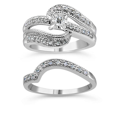 .925 Sterling Silver 1/3 Cttw Round Diamond Crisscross Engagement Ring Bridal Set (H-I Color, I1-I2 Clarity ) - Size 7 Bids.com