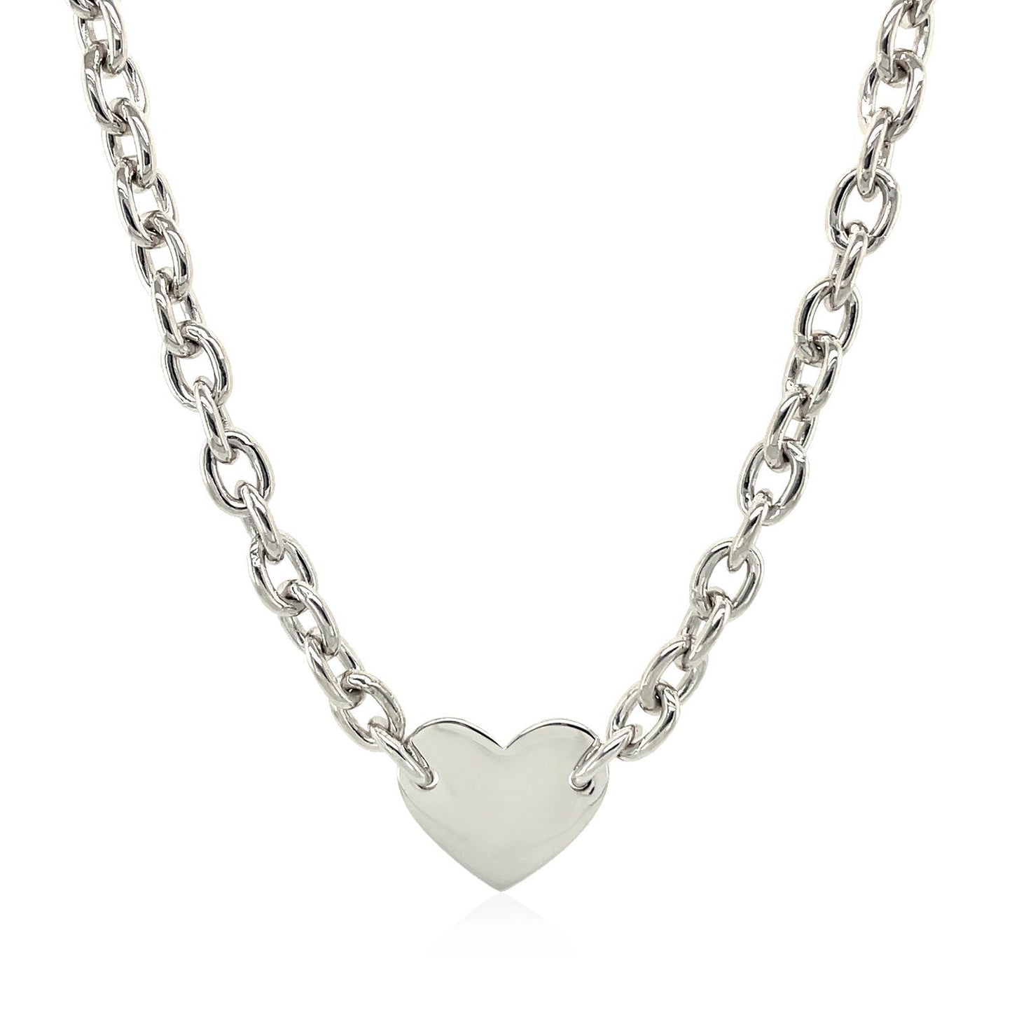 Sterling Silver Rhodium Plated Chain Bracelet with a Flat Heart Motif Station Bids.com