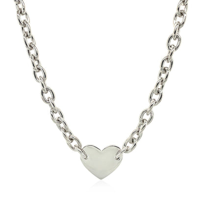 Sterling Silver Rhodium Plated Chain Bracelet with a Flat Heart Motif Station Bids.com