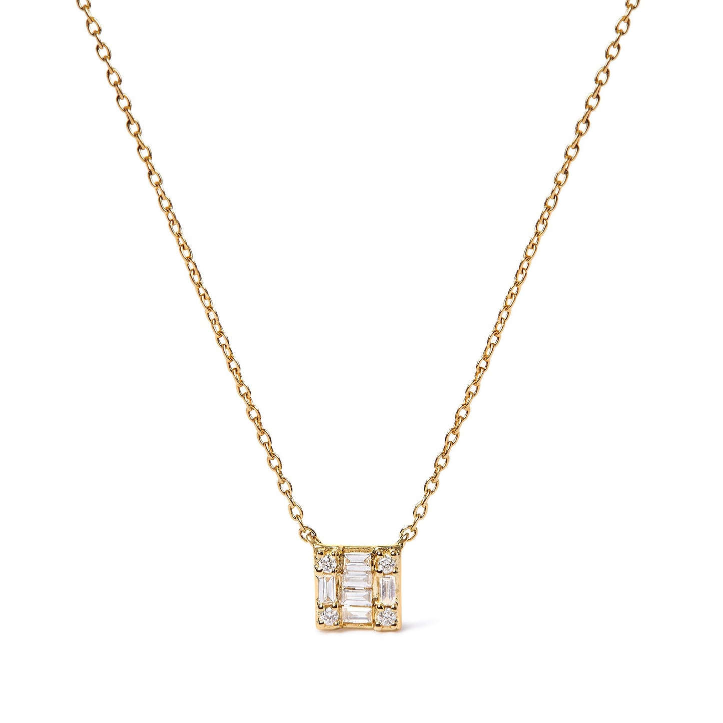 10K Yellow Gold 1/10 Cttw Round and Baguette Diamond Mosaic Composite Square 18" Inch Pendant Necklace (H-I Color, I1-I2 Clarity) Bids.com