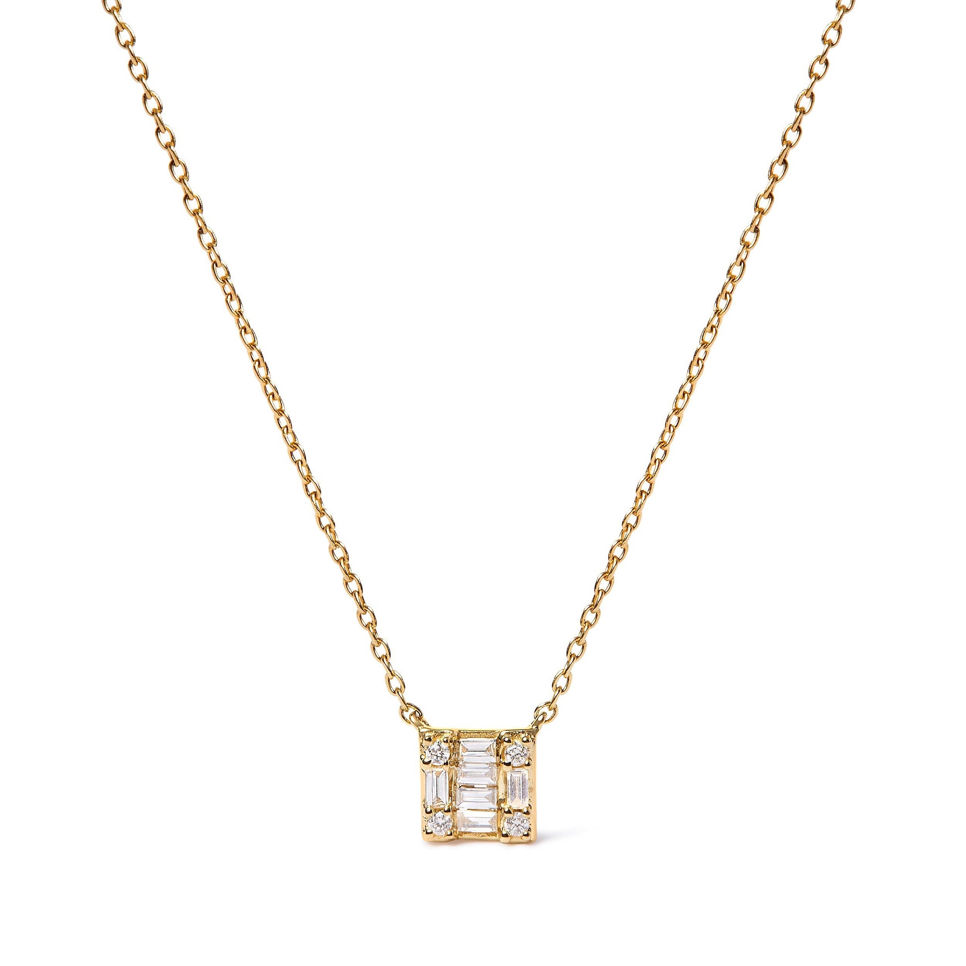 10K Yellow Gold 1/10 Cttw Round and Baguette Diamond Mosaic Composite Square 18" Inch Pendant Necklace (H-I Color, I1-I2 Clarity) Bids.com