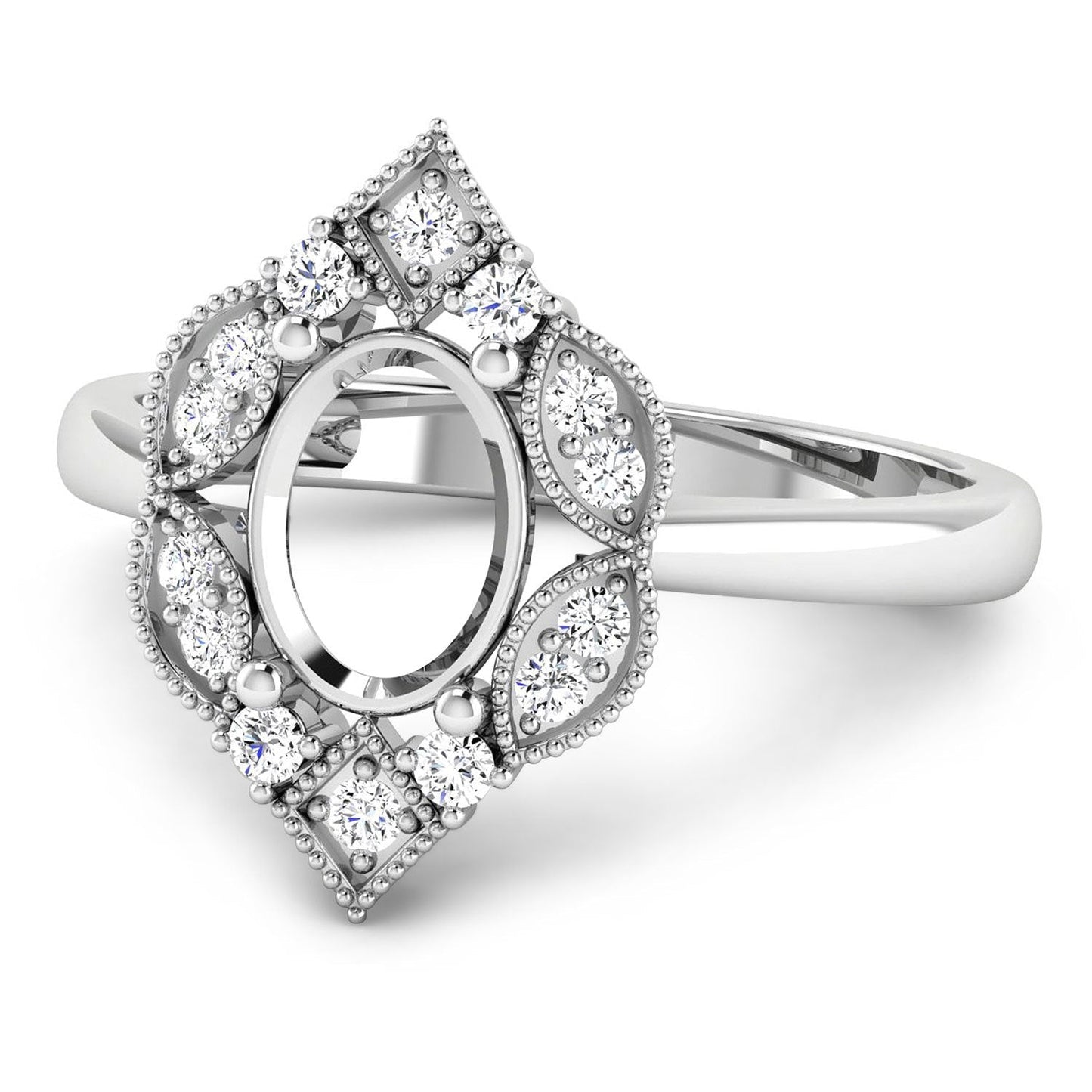 0.20 Carat Genuine White Diamond 14K White Gold Semi Mount Ring - holds 8x6mm Oval Gemstone Bids.com