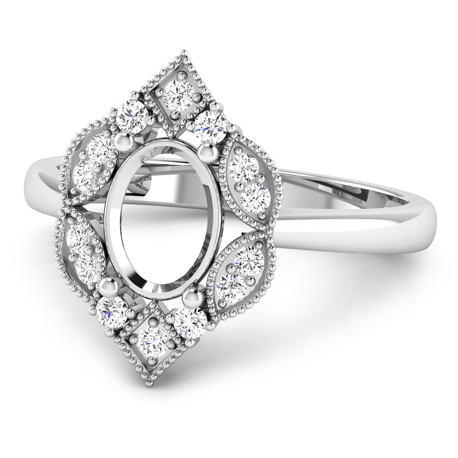 0.20 Carat Genuine White Diamond 14K White Gold Semi Mount Ring - holds 8x6mm Oval Gemstone Bids.com