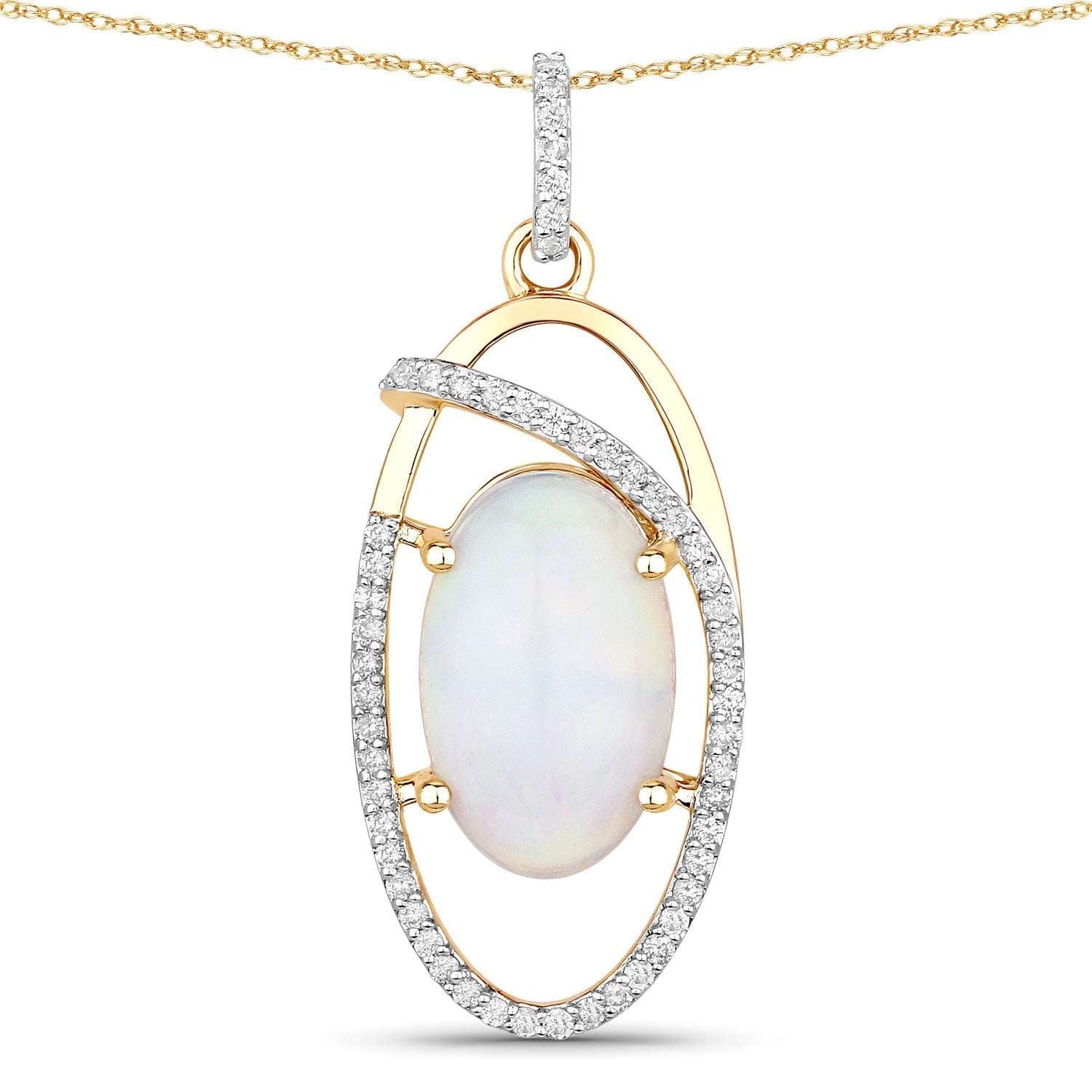 3.59 Carat Genuine Ethiopian Opal and White Diamond 14K Yellow Gold Pendant Bids.com