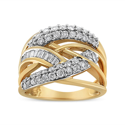 10K Yellow and White Gold 1.0 Cttw Round and Baguette-Cut Diamond Multirow Interwoven Cocktail Ring (I-J Color, I2-I3 Quality) - Size 7 Bids.com