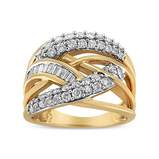 10K Yellow and White Gold 1.0 Cttw Round and Baguette-Cut Diamond Multirow Interwoven Cocktail Ring (I-J Color, I2-I3 Quality) - Size 7 Bids.com