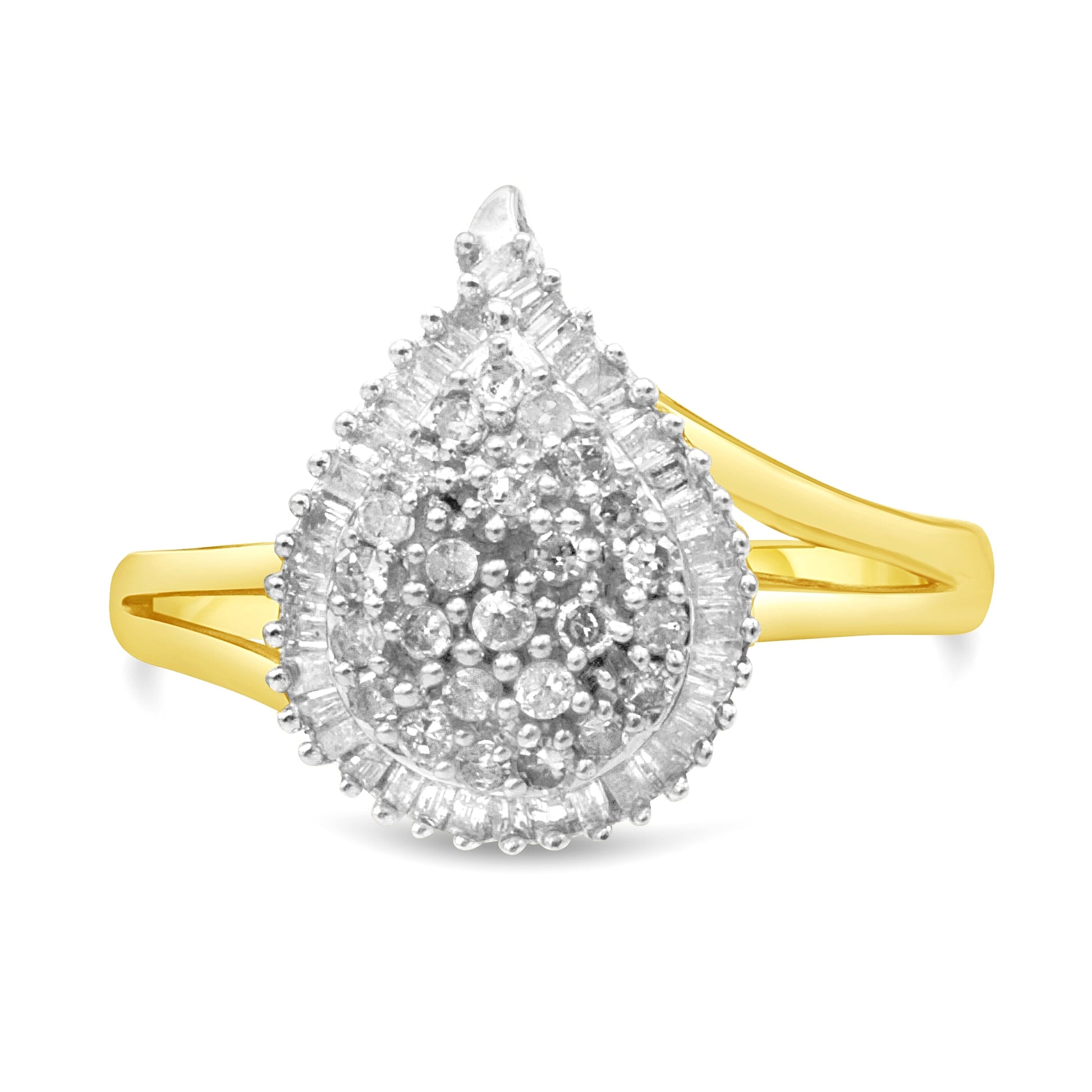 10K Yellow Gold 1/2 Cttw Round and Baguette-Cut Diamond Pear Ring (I-J Color, I1-I2 Clarity) - Size 7 Bids.com