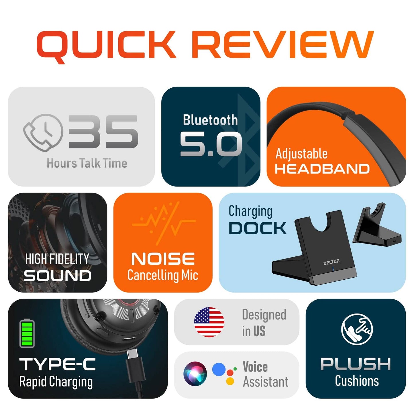 Delton 50X Wireless Bluetooth Computer Headset with Charging Dock Mono On-Ear Headphone DailySale