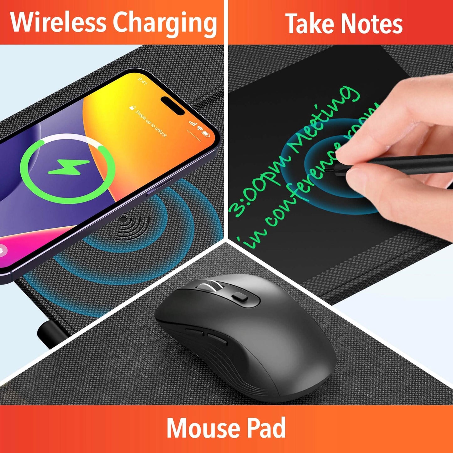 Delton D101 Wireless Charging Mouse Pad with Foldable Phone Stand & Writing Pad, Non-Slip Desk Mouse Mat 15W Wireless Charging Pad Qi Enabled Devices DailySale