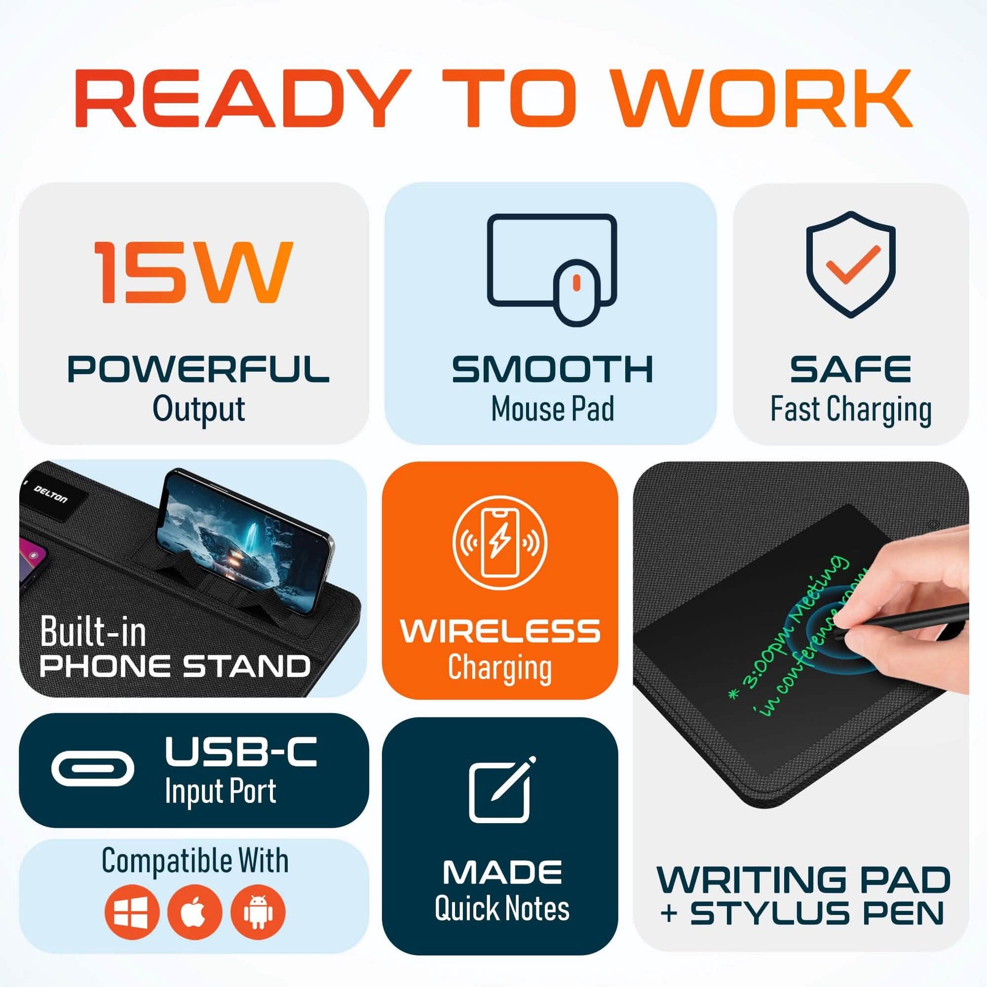 Delton D101 Wireless Charging Mouse Pad with Foldable Phone Stand & Writing Pad, Non-Slip Desk Mouse Mat 15W Wireless Charging Pad Qi Enabled Devices DailySale