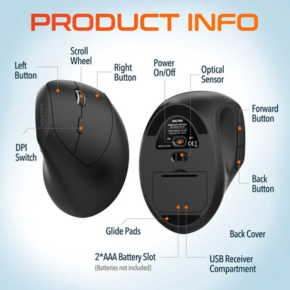 Delton S12Pro Ergonomic Wireless Mouse Vertical Computer Mouse Wireless with Auto Pair USB Dongle DailySale