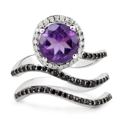 2.31 Carat Genuine Amethyst, Black Spinel and White Diamond .925 Sterling Silver Ring Bids.com