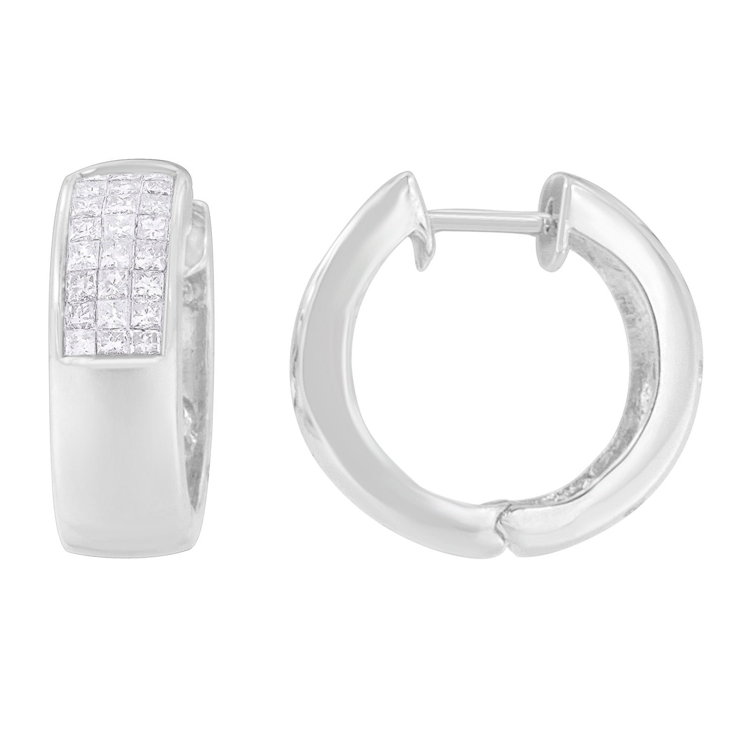 14K White Gold 1 1/8 cttw Princess and Round Cut Diamond Huggie Earrings (H-I, VS1-VS2) Bids.com