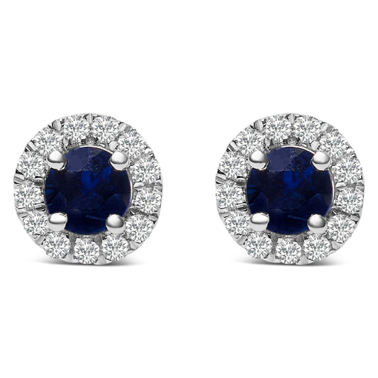 10K White Gold 3.25mm x 3.25mm Round Blue Sapphire and 1/10 Cttw Diamond Halo Stud Earrings (I-J Color, I1-I2 Clarity) Bids.com