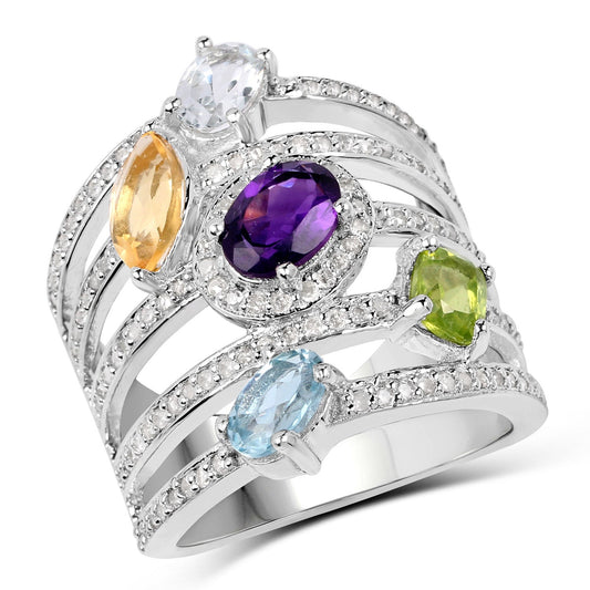 3.66 Carat Genuine Multi Stones .925 Sterling Silver Ring Bids.com