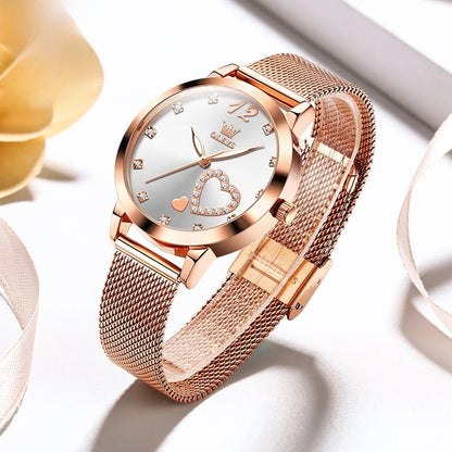 Rose Gold Mesh Women's Watch Heart Crystal Dial Quartz BandsCo Straps