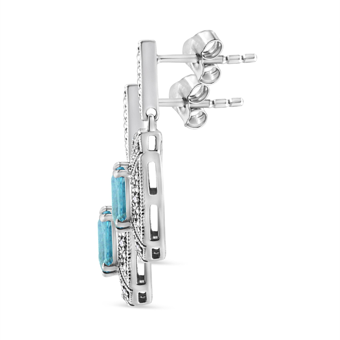 .925 Sterling Silver 7x5MM Emerald Shape Blue Topaz and Diamond Accent Art Deco Halo Style Drop and Dangle Earrings (I-J Color, I1-I2 Clarity) Bids.com