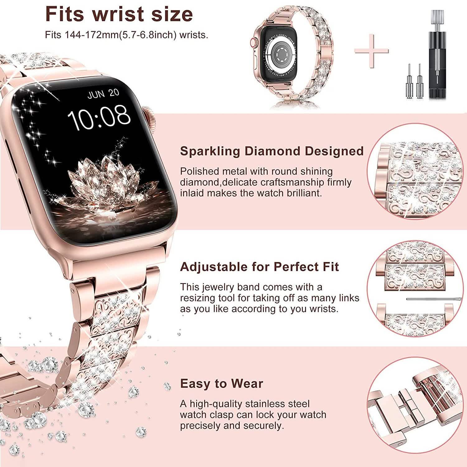 Diamond Rhinestone Stainless Steel Metal Wristband Strap DailySale