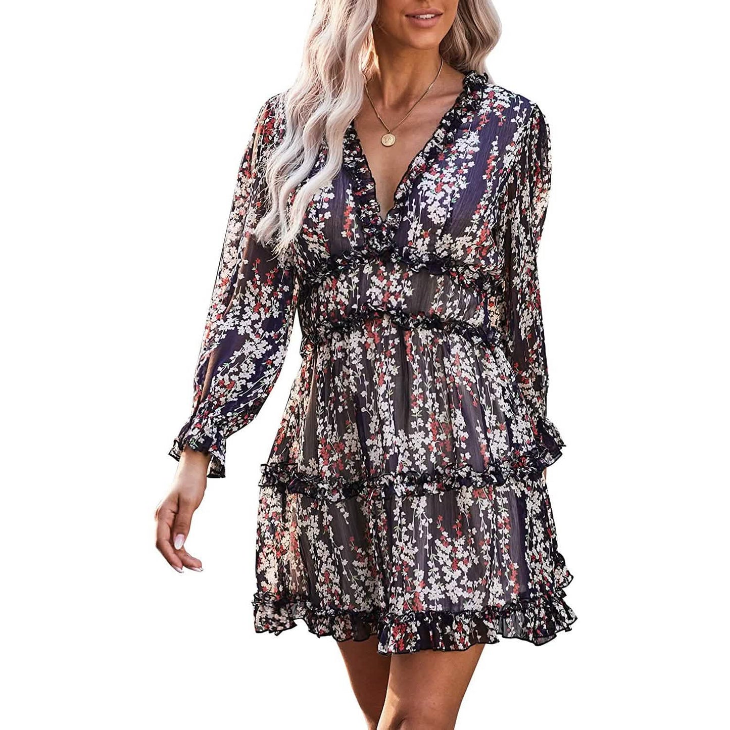 Dokotoo Womens Spring Summer Deep V Neck Ruffle Long Sleeve Floral Print Mini Dress DailySale